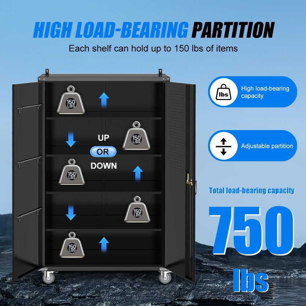 Yeeoy Wide & Deep Metal Garage Storage Cabinet with Pegboard & Adjustable Shelves, Lockable Storage Cabinet with Wheels, Tool Organization Cabinets for Office Garage Shop, 43''W x 22''D x 72''H
