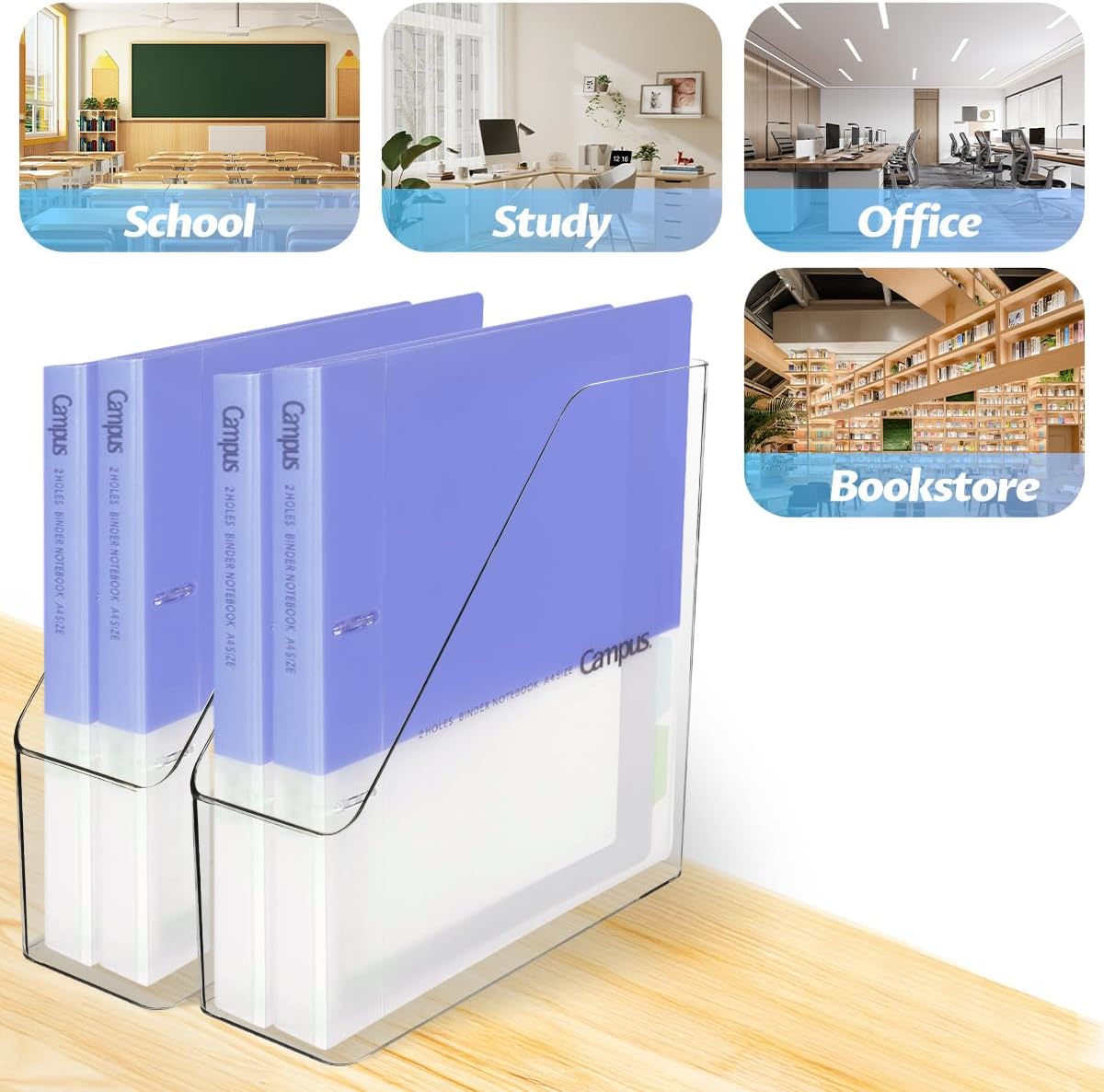 4Pcs Clear Acrylic Magazine File Holder, Plastic Vertical File Folder Storage Magazine Rack Bin, Acrylic Magazine Holder, Desk Document Sorter Organizer for Home Office School Work Desktop Supplies