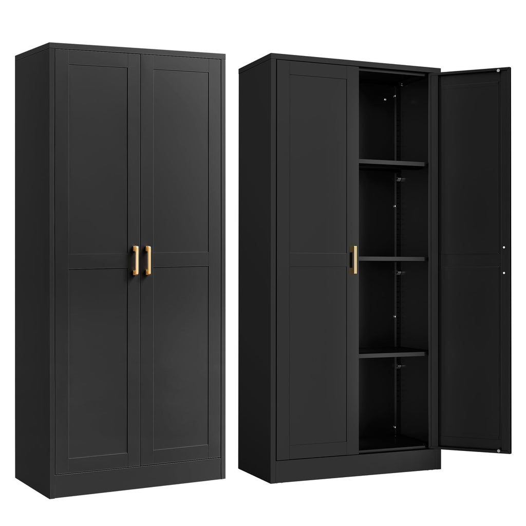 Kitchen Pantry Cabinet,71”Black Metal Pantry Storage Cabinet with Doors and 4 Adjustable Shelves,Kitchen Cabinet with 2 Gold Handles,Tall Cabinet for Livingroom,Pantry, Bathroom