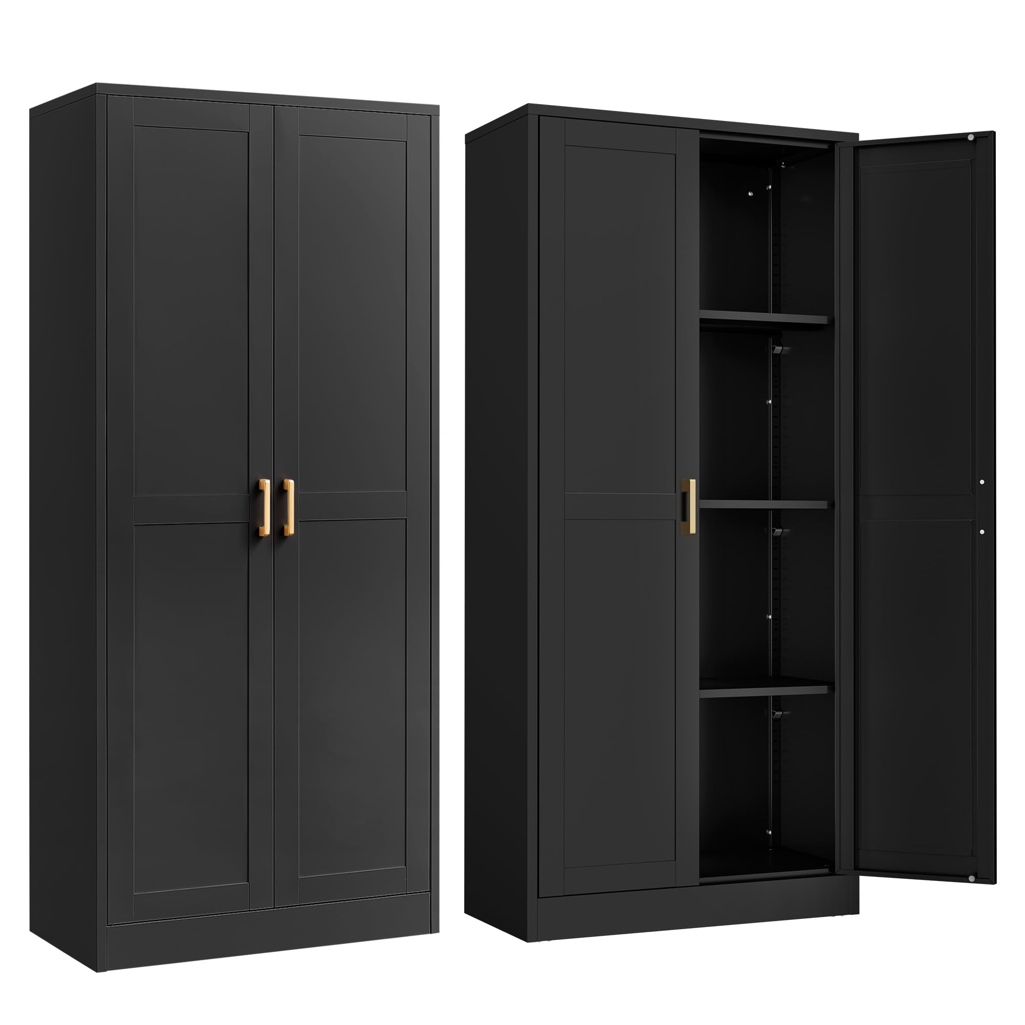 Kitchen Pantry Cabinet,71”Black Metal Pantry Storage Cabinet with Doors and 4 Adjustable Shelves,Kitchen Cabinet with 2 Gold Handles,Tall Cabinet for Livingroom,Pantry, Bathroom