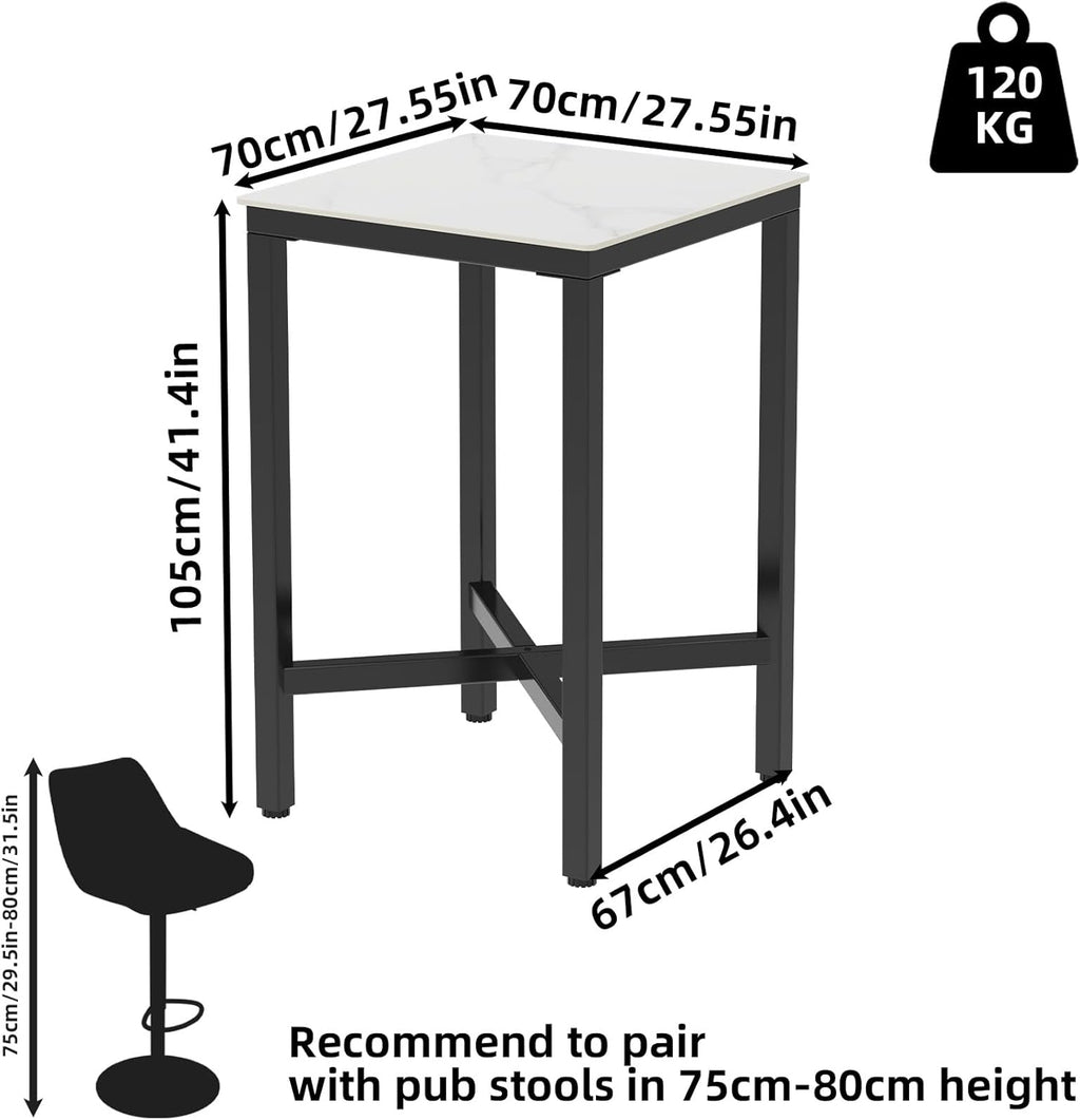 Wisfor Sintered Stone Bar Table: White Square High Top Pub Tables with Black Metal Frame - Small Breakfast Dining Table - Tall Coffee Table with Cross -Legs, 27.56x27.56x41.34 inch