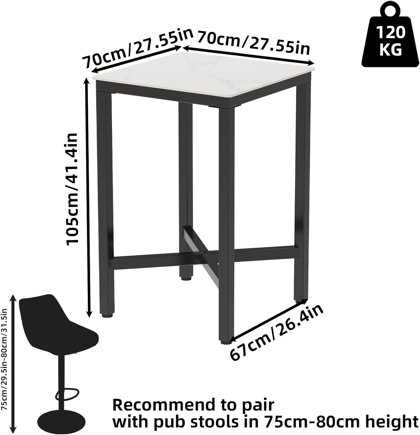 Wisfor Sintered Stone Bar Table: White Square High Top Pub Tables with Black Metal Frame - Small Breakfast Dining Table - Tall Coffee Table with Cross -Legs, 27.56x27.56x41.34 inch