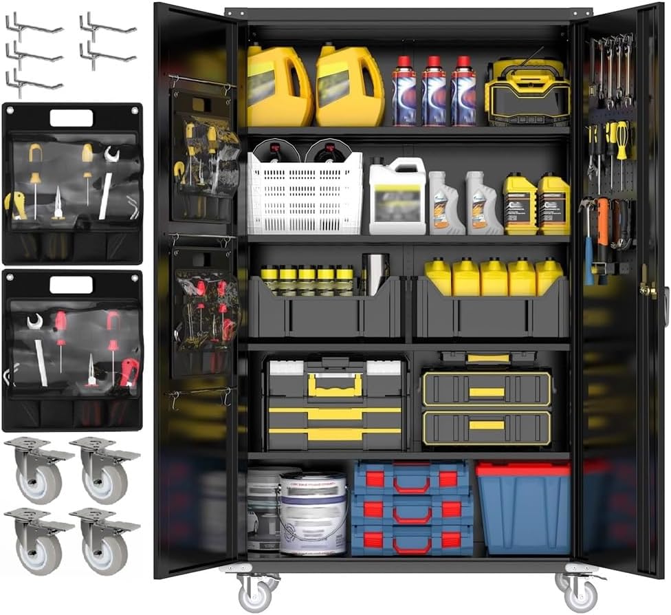 Yeeoy Wide & Deep Metal Garage Storage Cabinet with Pegboard & Adjustable Shelves, Lockable Storage Cabinet with Wheels, Tool Organization Cabinets for Office Garage Shop, 43''W x 22''D x 72''H