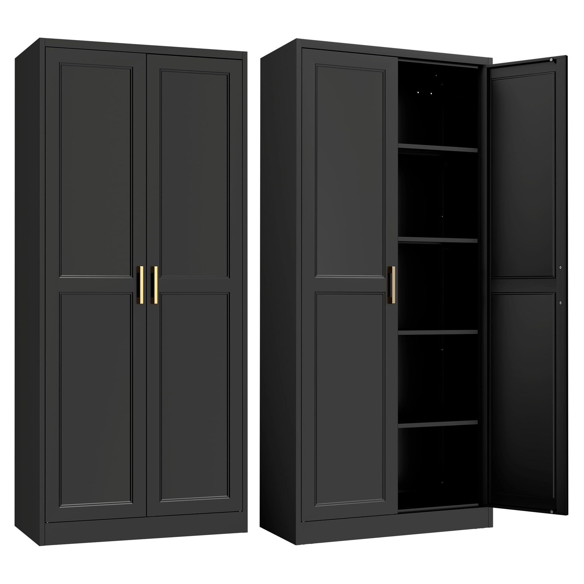 Kitchen Pantry Cabinet,71”Black Metal Pantry Storage Cabinet with Doors and 4 Adjustable Shelves,Kitchen Cabinet with 2 Gold Handles,Tall Cabinet for Livingroom,Pantry, Bathroom