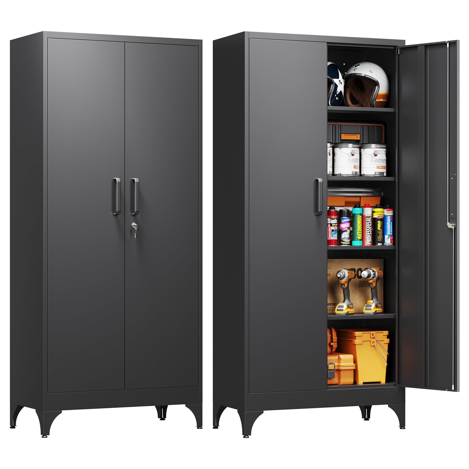 Yizosh Metal Storage Cabinet with Lock - 72" Garage Storage Cabinet with 2 Locking Doors and 5 Adjustable Shelves, Black Steel Lockable for Office,Home,Garage