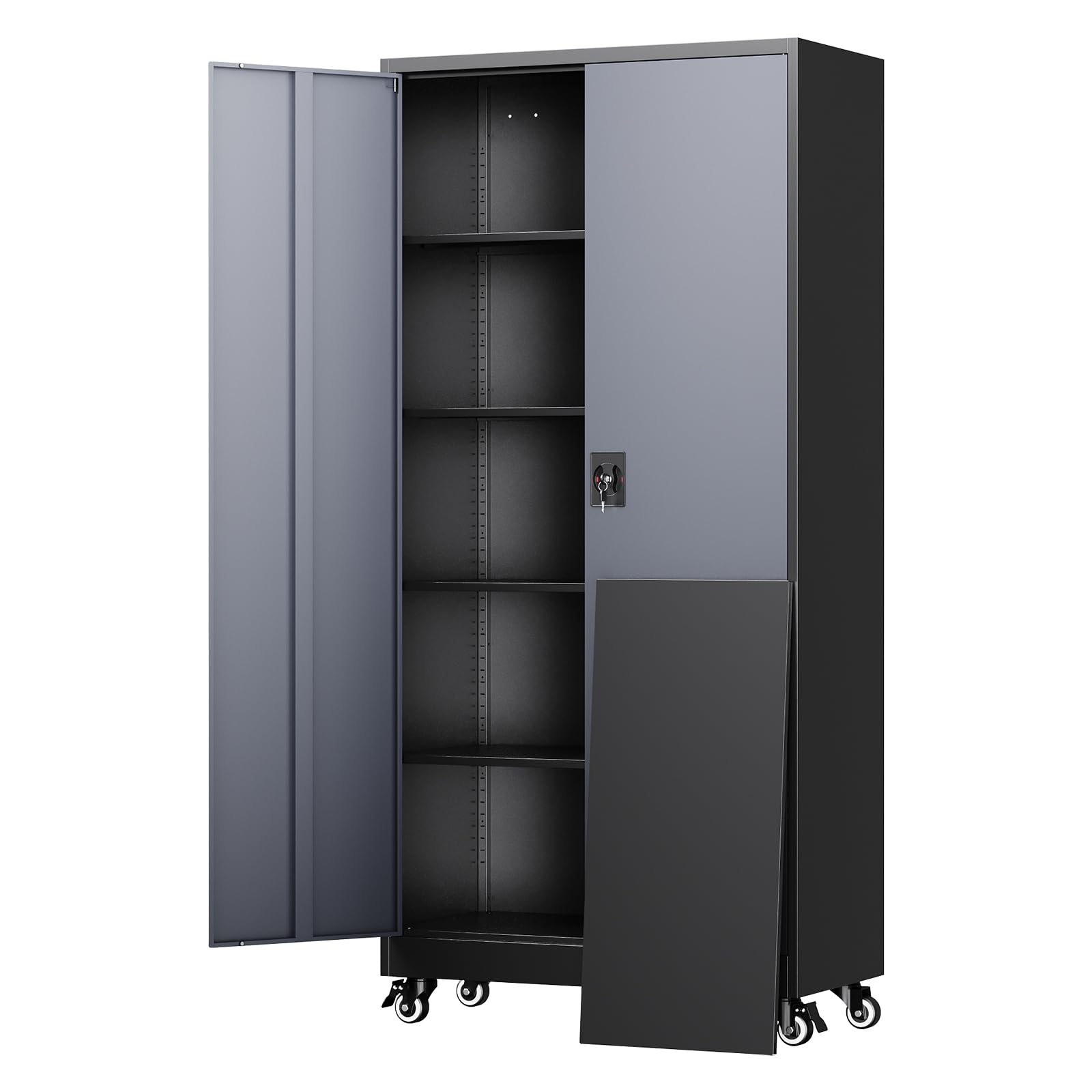Yizosh Metal Storage Cabinet with Lock - 72" Garage Storage Cabinet with 2 Locking Doors and 5 Adjustable Shelves, Black Steel Lockable for Office,Home,Garage
