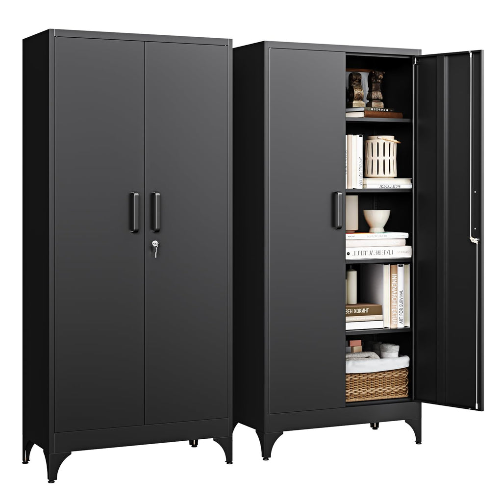 Letaya Metal Garage Storage Cabinets with Lock, 72" Tall Locker Organizer Steel Tool Cabinets,5 Adjustable Shelves 2 Doors for Home Office, Warehouse,Garage,Industrial,Employee (Black Red)