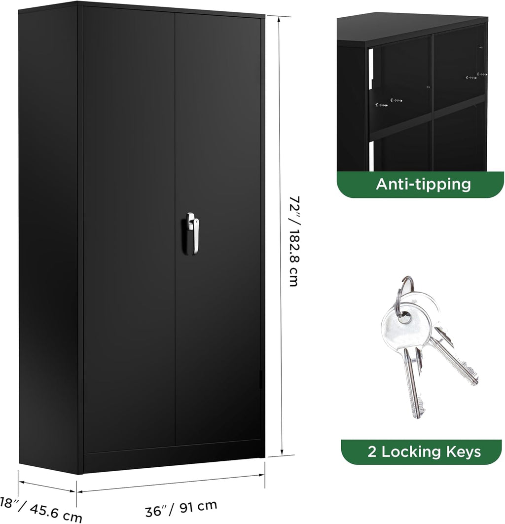 Greenvelly 72" H Metal Storage Cabinet, 36" W x 18" D Black Locking Metal Cabinet Garage Storage Cabinet with Doors and 4 Adjustable Shelves, Lockable Steel Cabinets for Home Office, Garage, School