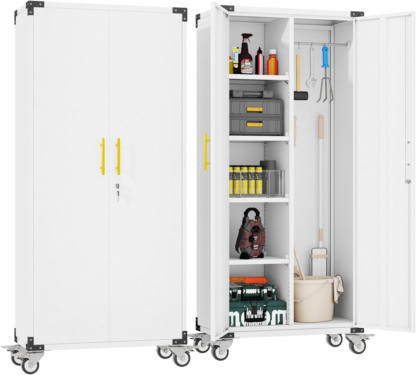 Metal Garage Storage Cabinet with Wheels, Tall Locking Cabinet with Doors and Shelves, Tool Storage Cabinets for Garage, Home Office (Black,35.6" H)