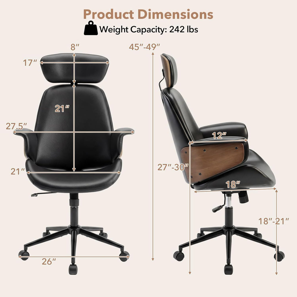 Giantex Ergonomic Office Chair, High Back Faux Leather Executive Chair with Headrest, Adjustable Height, Metal Base, Mid Century Modern Swivel U-Shaped Computer Desk Chair for Home Office & Study