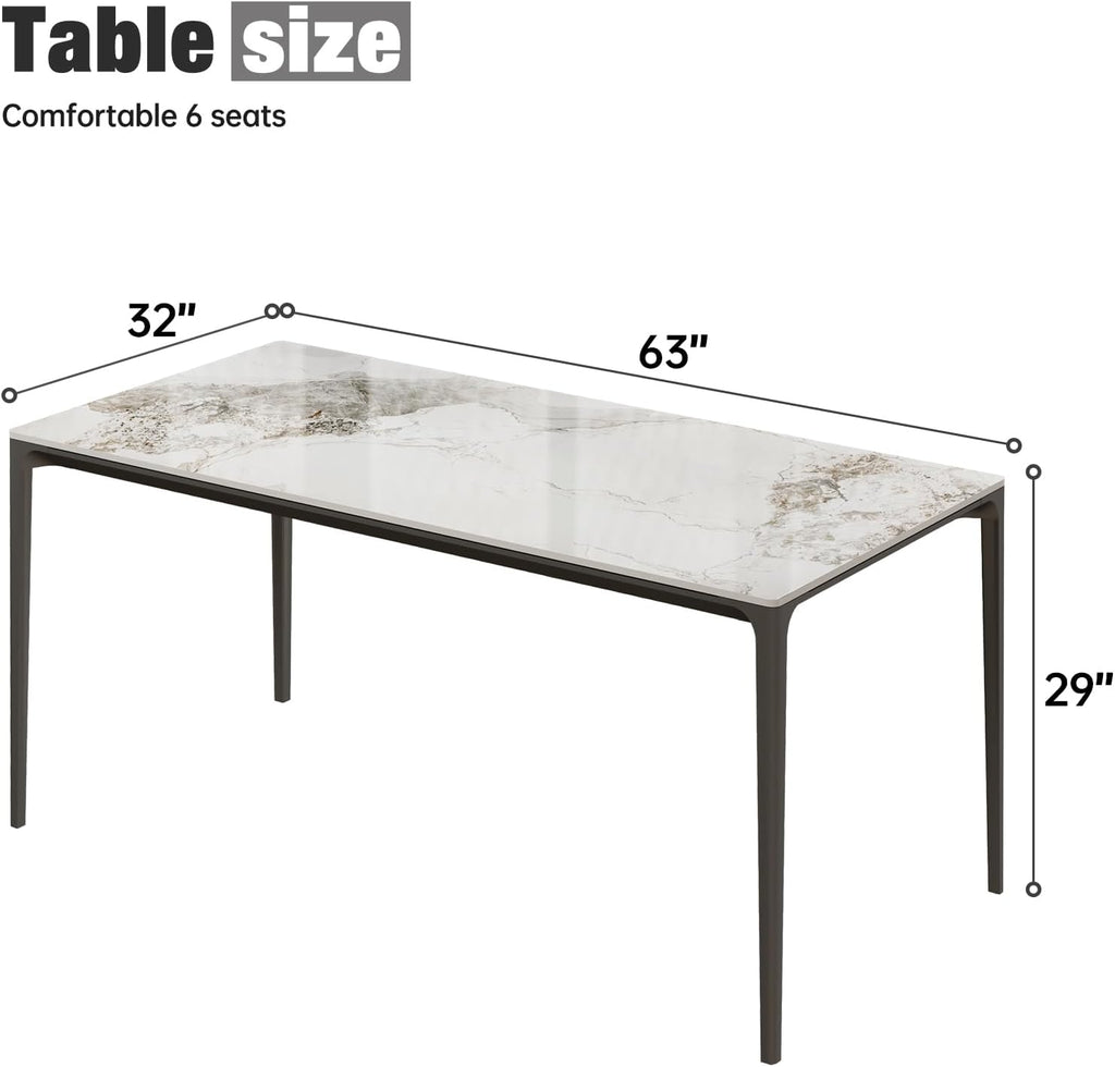 ZL ZELing Dining Table,Mid Century White Rectangular 63" Kitchen Table with Marble Sintered Stone Table Top and Metal Legs,Dining Room Table for 6,Table Only