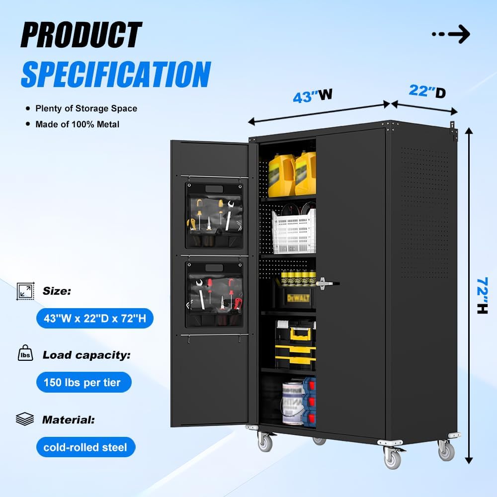Yeeoy Wide & Deep Metal Garage Storage Cabinet with Pegboard & Adjustable Shelves, Lockable Storage Cabinet with Wheels, Tool Organization Cabinets for Office Garage Shop, 43''W x 22''D x 72''H