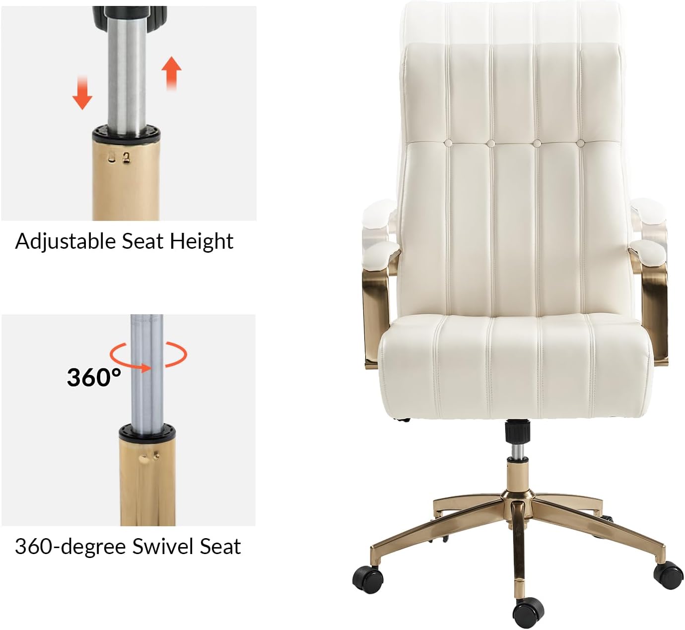 HULALA HOME Modern Executive Office Chair, Faux Leather Tufted Ergonomic Desk Chair with Gold Plated Base & Armrests, 360° Swivel Adjustable Height Tilt Home Office Chair for Work/Study