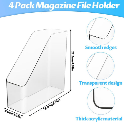 4Pcs Clear Acrylic Magazine File Holder, Plastic Vertical File Folder Storage Magazine Rack Bin, Acrylic Magazine Holder, Desk Document Sorter Organizer for Home Office School Work Desktop Supplies
