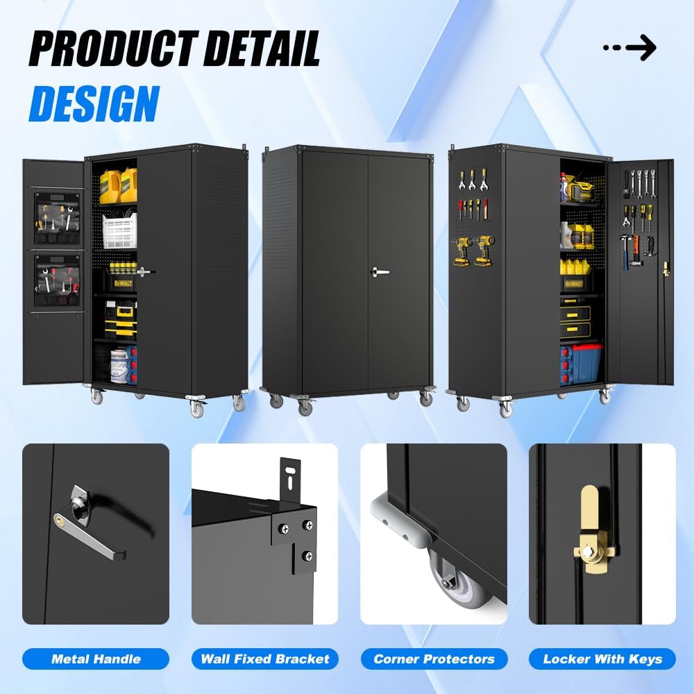 Yeeoy Wide & Deep Metal Garage Storage Cabinet with Pegboard & Adjustable Shelves, Lockable Storage Cabinet with Wheels, Tool Organization Cabinets for Office Garage Shop, 43''W x 22''D x 72''H