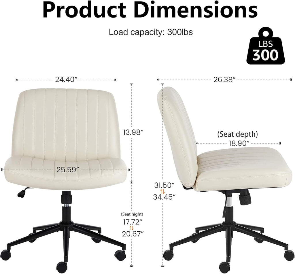 DUMOS Criss Cross Chair with Wheels, Wide Cross Legged Office Desk Vanity Chairs, Faux Leather Armless Adjustable Swivel Chairs for Home Computer Task, Beige