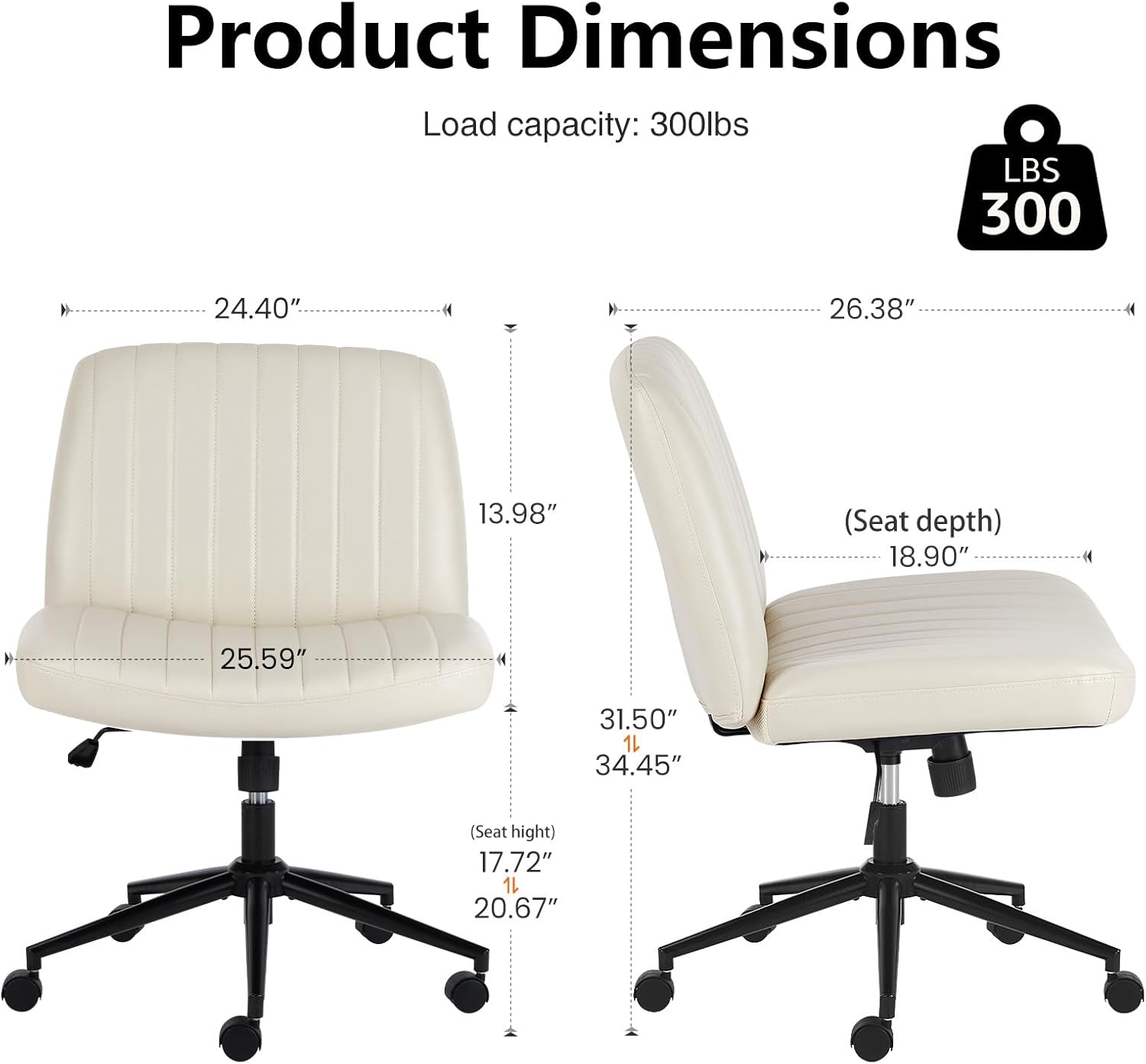 DUMOS Criss Cross Chair with Wheels, Wide Cross Legged Office Desk Vanity Chairs, Faux Leather Armless Adjustable Swivel Chairs for Home Computer Task, Beige