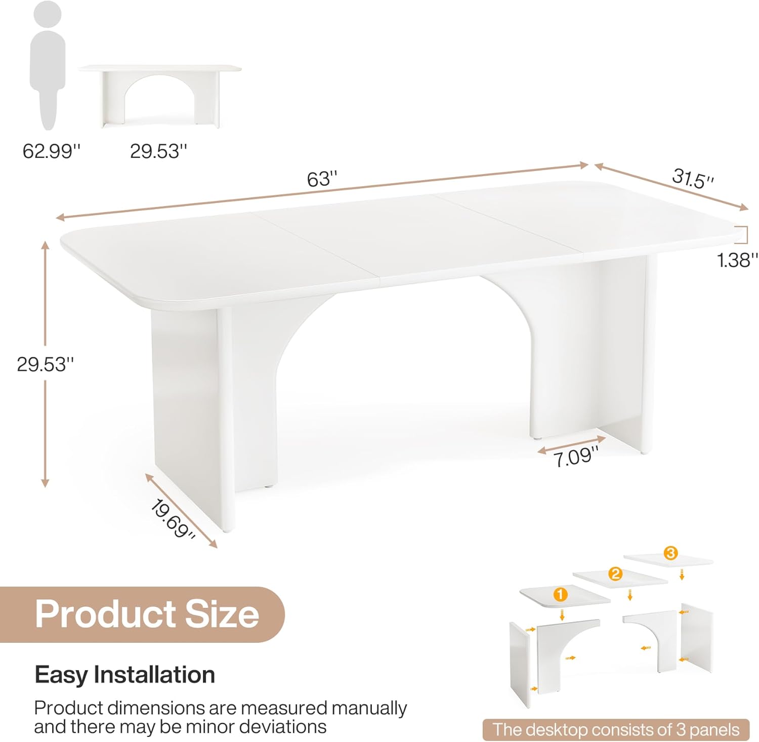 Tribesigns Modern White Desk, Large Minimalist Executive Office Computer Desk Writing Study Makeup Vanity Table Workstation with Arch Design Legs, 63 x 31.5 inch