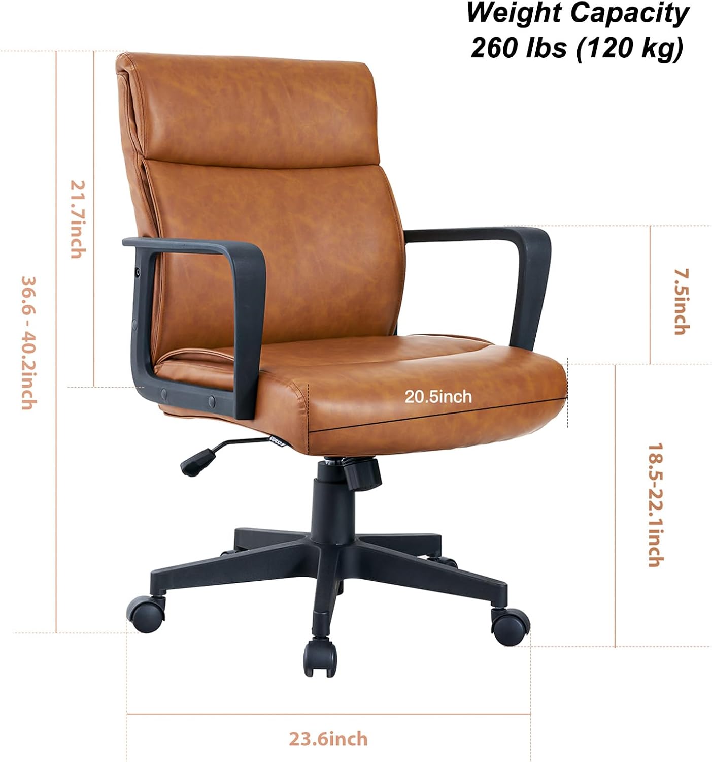 Artswish Brown Leather Office Chair, Mid-Back Ergonomic Computer Chair with Wheels Arms, 360° Swivel Adjustable Task Chair with Rolling Casters for Home Office, Bedroom, Study