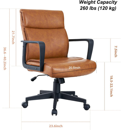 Artswish Brown Leather Office Chair, Mid-Back Ergonomic Computer Chair with Wheels Arms, 360° Swivel Adjustable Task Chair with Rolling Casters for Home Office, Bedroom, Study