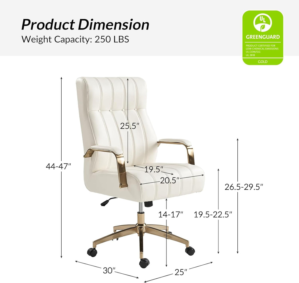 HULALA HOME Modern Executive Office Chair, Faux Leather Tufted Ergonomic Desk Chair with Gold Plated Base & Armrests, 360° Swivel Adjustable Height Tilt Home Office Chair for Work/Study