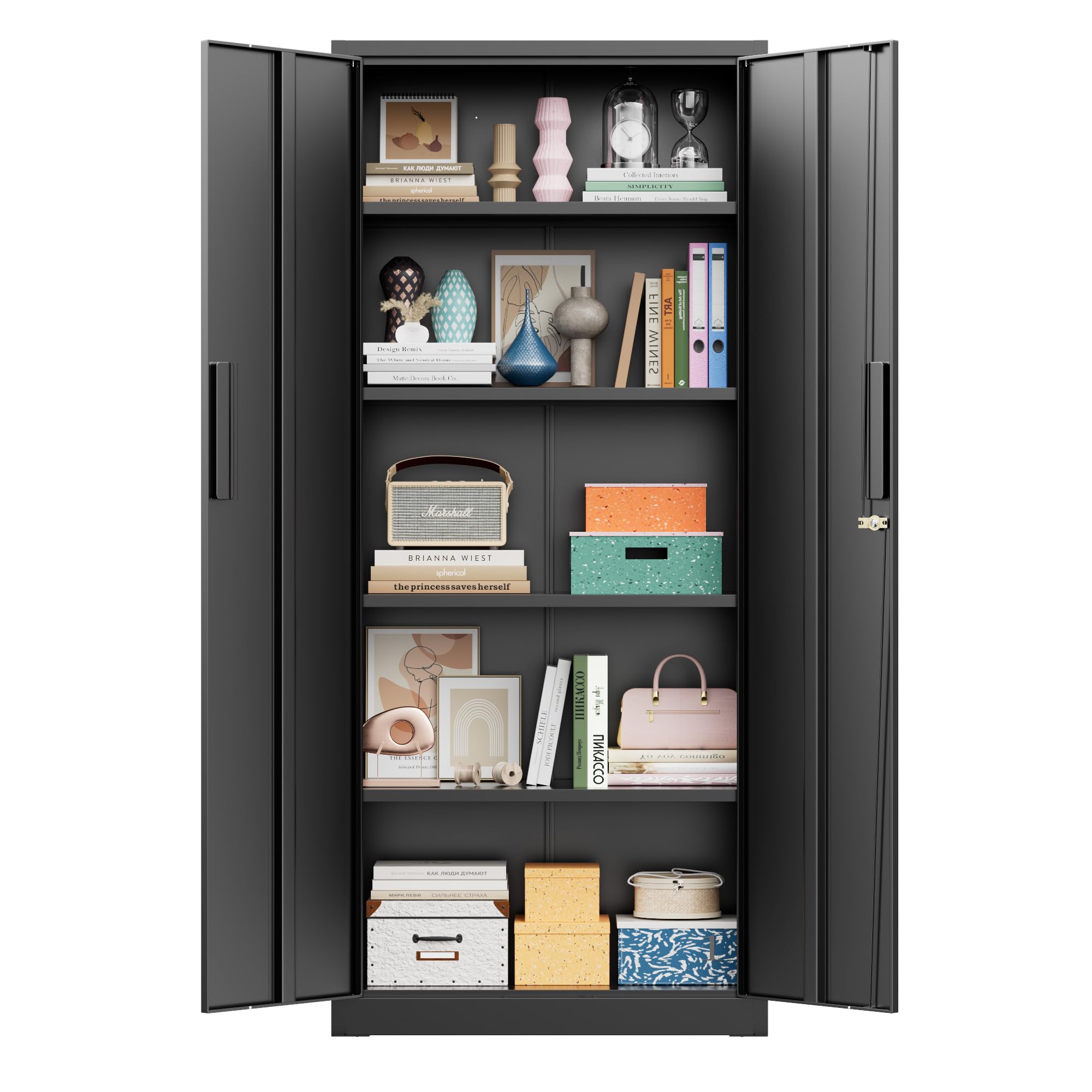 Greenvelly Metal Storage Cabinet, 72" Black Steel Garage Cabinet with Doors and Adjustable Shelves, Metal Cabinet with Lock,Garage Cabinets and Storage System for Garage,Home Office,School