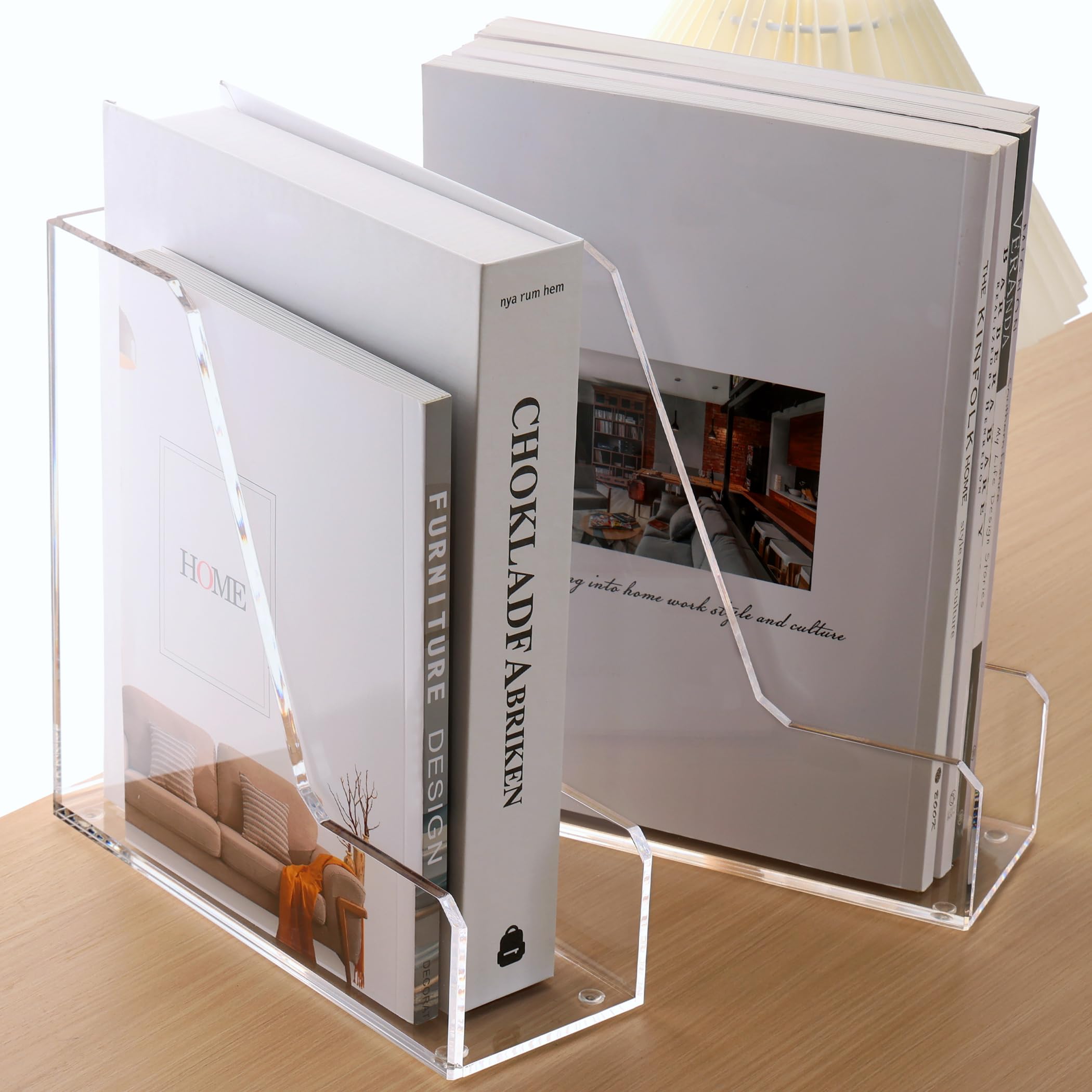 HeZone Magazine Holder, Clear Acrylic Desk Organizers, File Organizer for Desk, Magazine Rack- Desktop Book Storage -Independent Vertical 1 Space-2 Pack