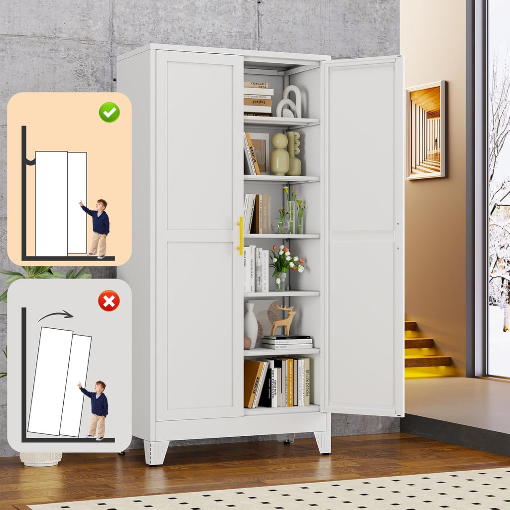 White Metal Storage Cabinet,75" Steel Cabinets for Home Office, Kitchen Pantry Storage Cabinet with Doors and 5 Adjustable Shelves, Tool Cabinets, for Office, Home, Garage, School, 36" W