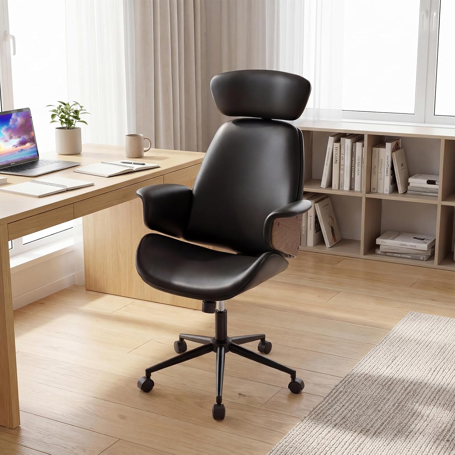 Giantex Ergonomic Office Chair, High Back Faux Leather Executive Chair with Headrest, Adjustable Height, Metal Base, Mid Century Modern Swivel U-Shaped Computer Desk Chair for Home Office & Study