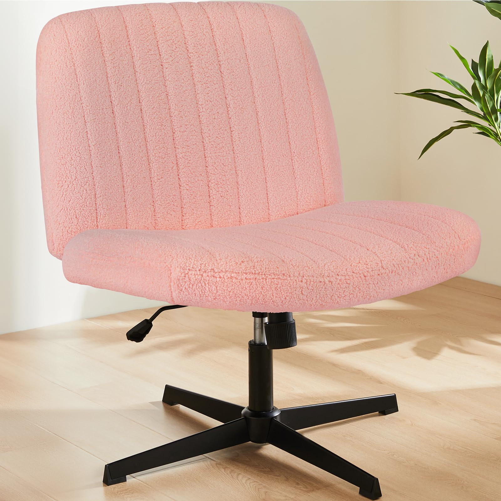 Sweetcrispy Criss Cross Chair Legged, Armless Office Swivel Desk Chair No Wheels, Vanity Height Adjustable Wide Seat Faux Leather Computer Task Seating for Home Bedroom