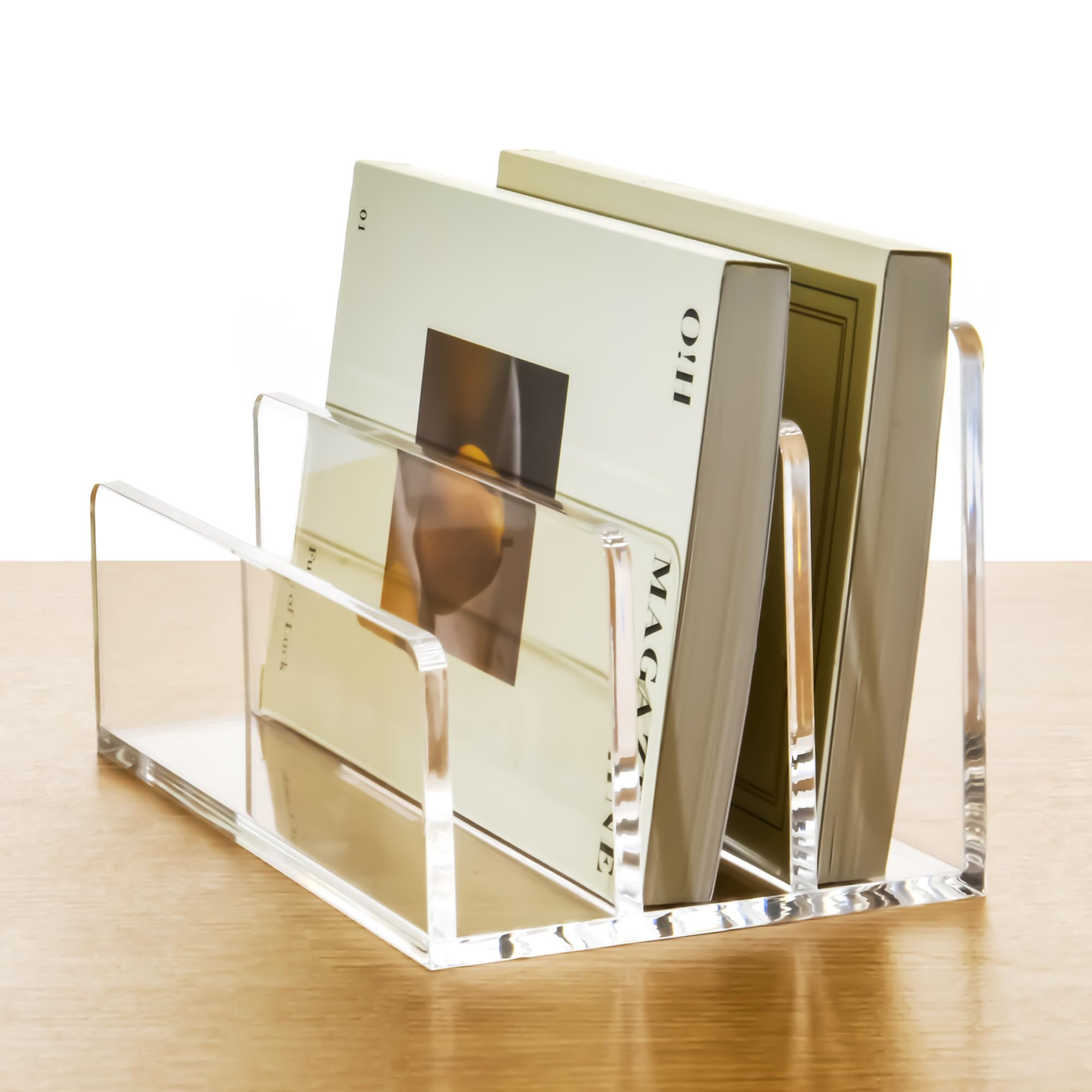 3 Compartments Clear Acrylic Mail Holder – Vertical Letter Sorter & Multifunction Desk Organizer for Bills, Documents, Notebooks – Modern Office/Home Envelope File Rack