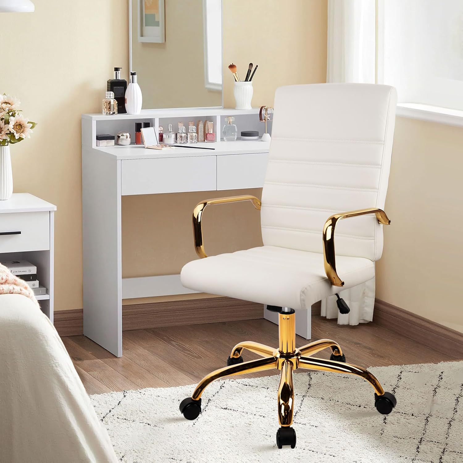 CLATINA Leather Home Office Chair with Gold Legs and Arms, Adjustable Height Swivel Mid-Back Executive Desk Chairs with Rolling Wheels, Comfy Upholstered Computer Task Chair, White