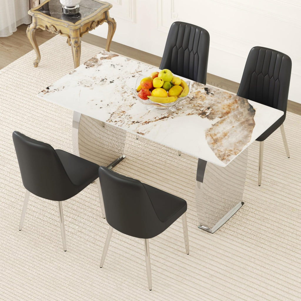 Table and chair set, 63*31.4 Inch Pandora Patterned Sintered Stone Dining Table Set Modern Light Luxury.Perfect For Dinner Room,Meeting Room,Kitchen (Black+Silver + Metal + Sintered Stone + Seats 6)
