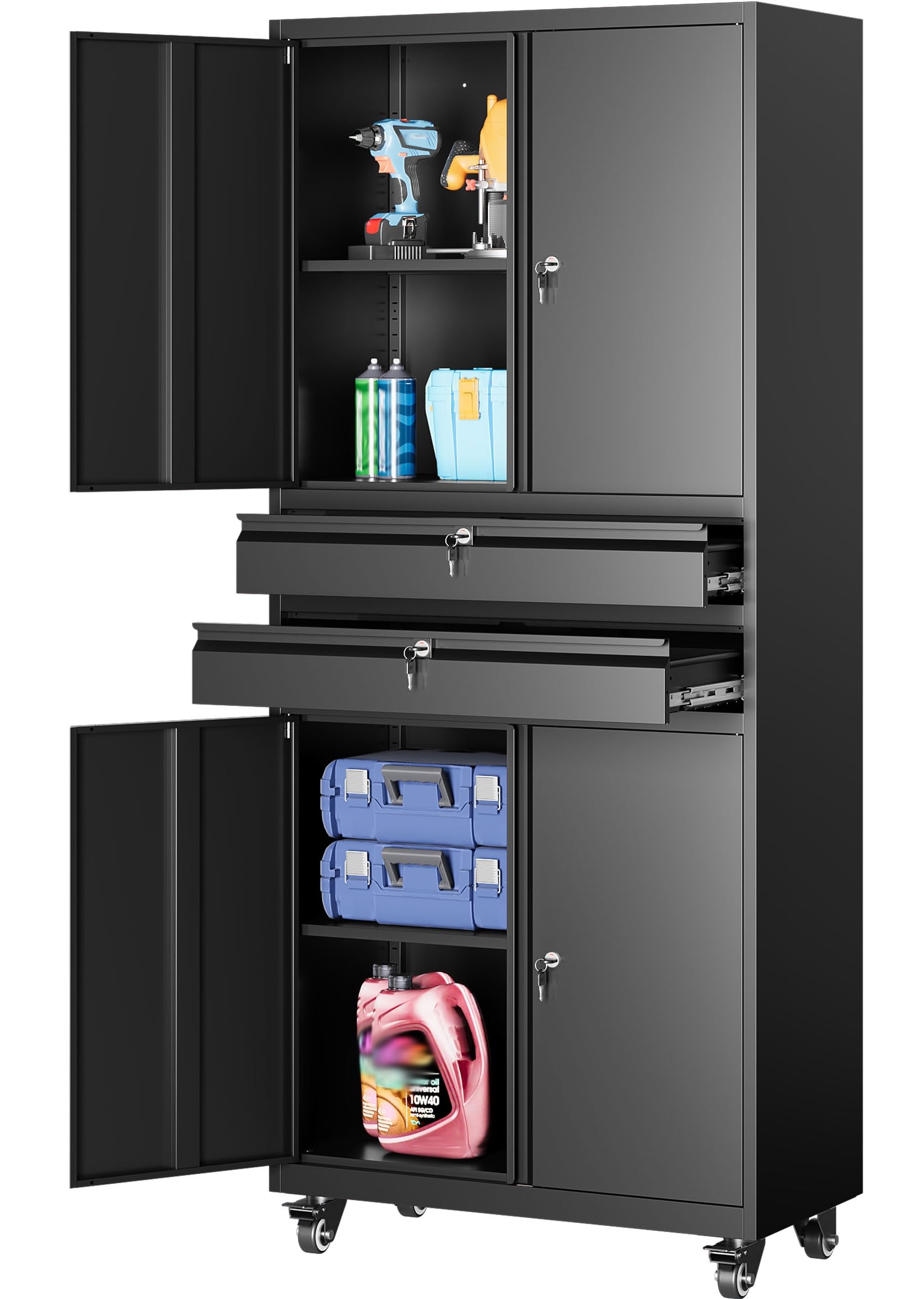SISESOL Metal Storage Cabinet with Wheels,75 inch Tall Rolling Garage Storage Cabinet with Lock,Black Metal Cabinets with Wheels and Shelves,Deep Heavy Duty Tool Locker for Garage,Home,Office,Shop