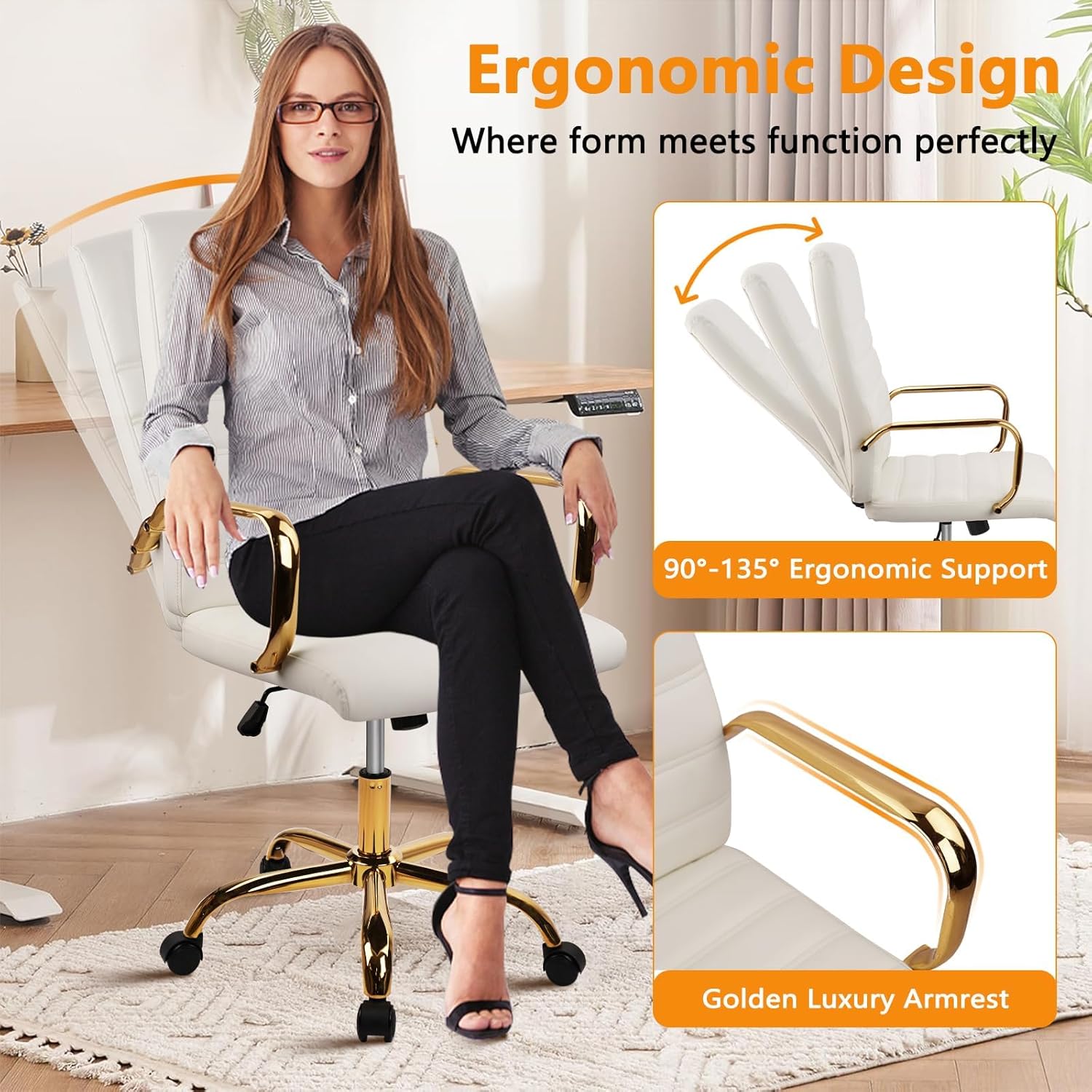 CLATINA Leather Home Office Chair with Gold Legs and Arms, Adjustable Height Swivel Mid-Back Executive Desk Chairs with Rolling Wheels, Comfy Upholstered Computer Task Chair, White