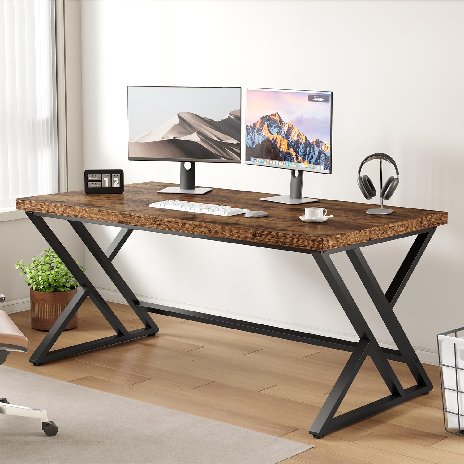 LVB Grey Desk, Industrial Wood Home Office Computer Desk for Bedroom, Farmhouse Metal Wooden Study Work PC Gaming Writing Table, Modern Simple Executive Writing Desk, 47 Inch, Light Gray