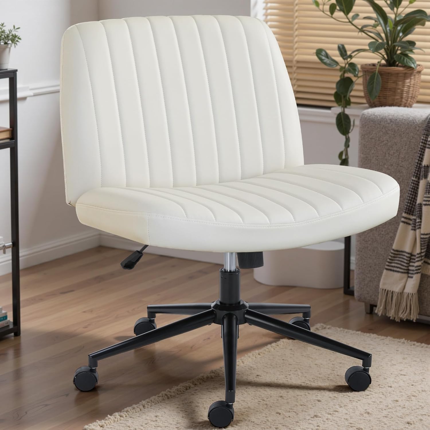 DUMOS Criss Cross Chair with Wheels, Wide Cross Legged Office Desk Vanity Chairs, Faux Leather Armless Adjustable Swivel Chairs for Home Computer Task, Beige