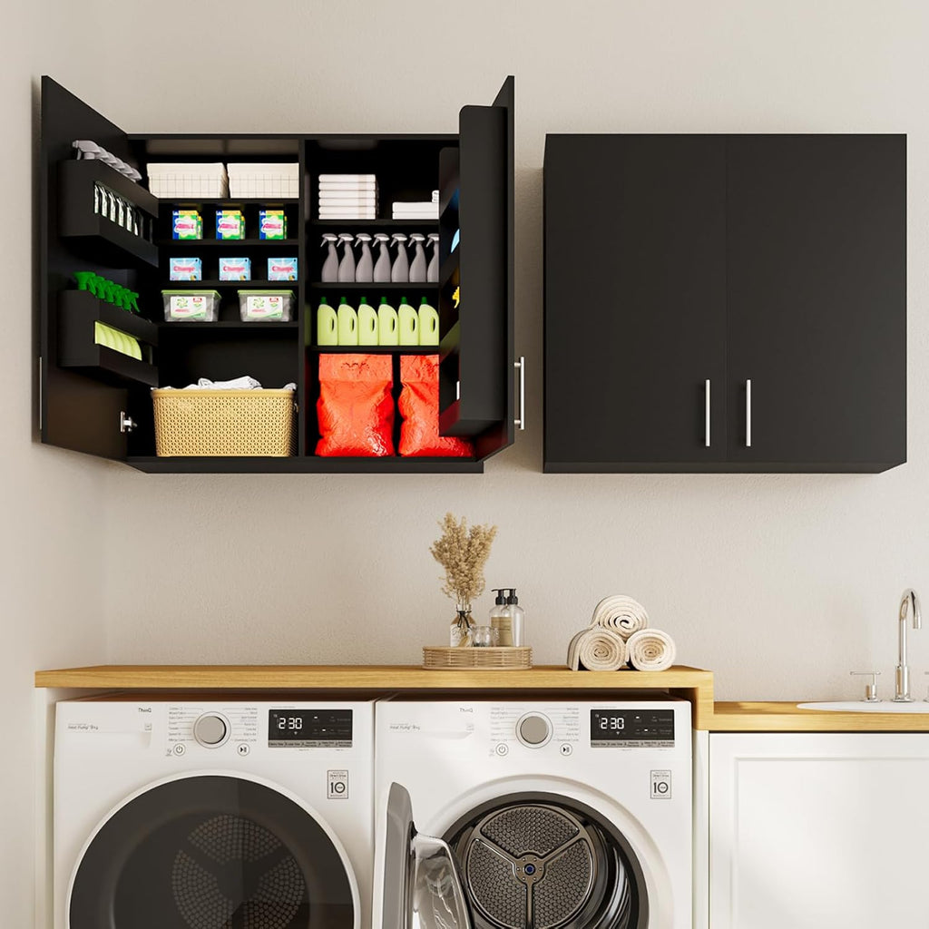 35" Wall Mount Garage Cabinet, Wood Wall Storage Tool Cabinet with Multi-Layer Adjustable Shelves & Inner Door Storage Organizers, Double Door Cabinet with Soft Close, for Garage, Warehouse,Black