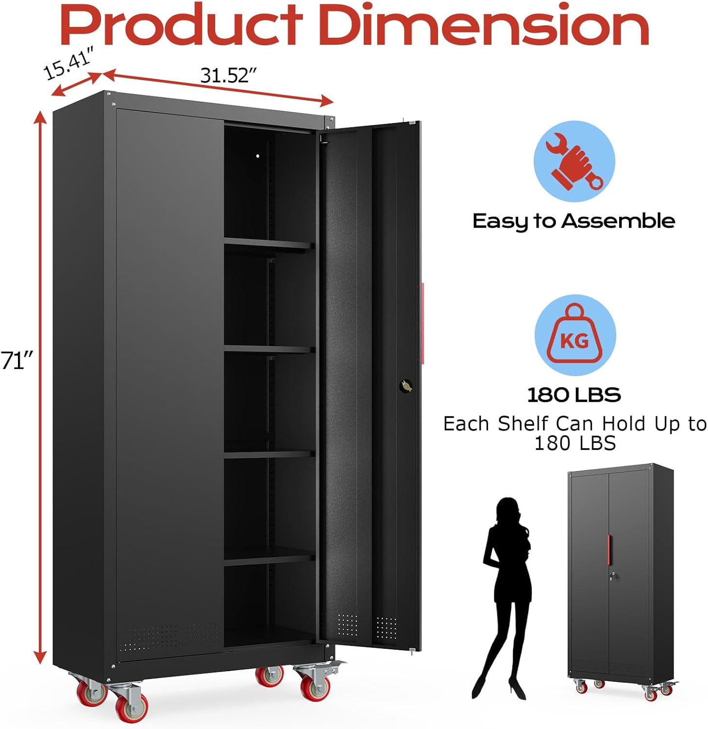 LMTC 71" H Garage Storage Cabinet with 4 Adjustable Shelves and Wheels, Lockable Metal Storage Cabinet for Garage, Home, Warehouse, Assembly Required,Black