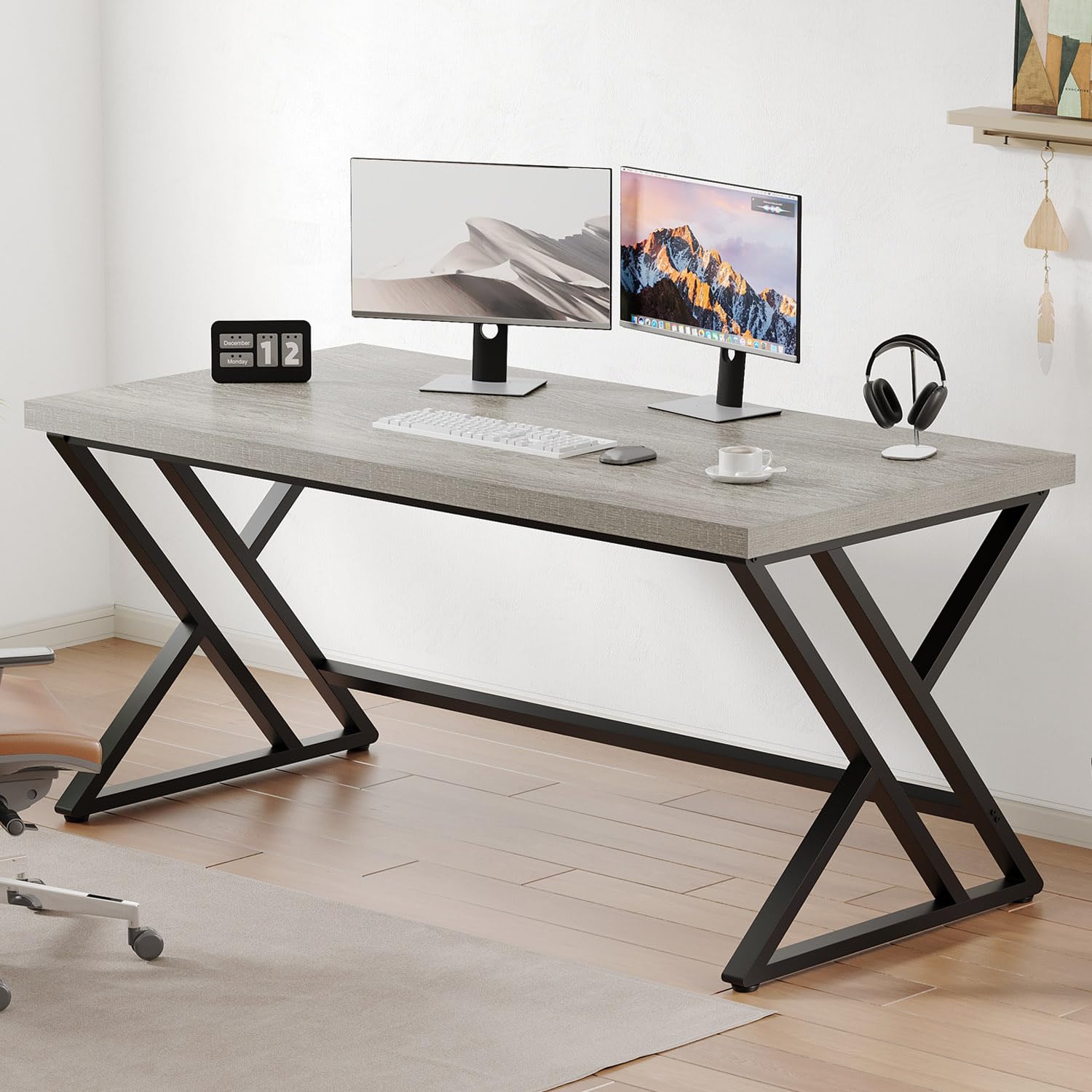 LVB Grey Desk, Industrial Wood Home Office Computer Desk for Bedroom, Farmhouse Metal Wooden Study Work PC Gaming Writing Table, Modern Simple Executive Writing Desk, 47 Inch, Light Gray