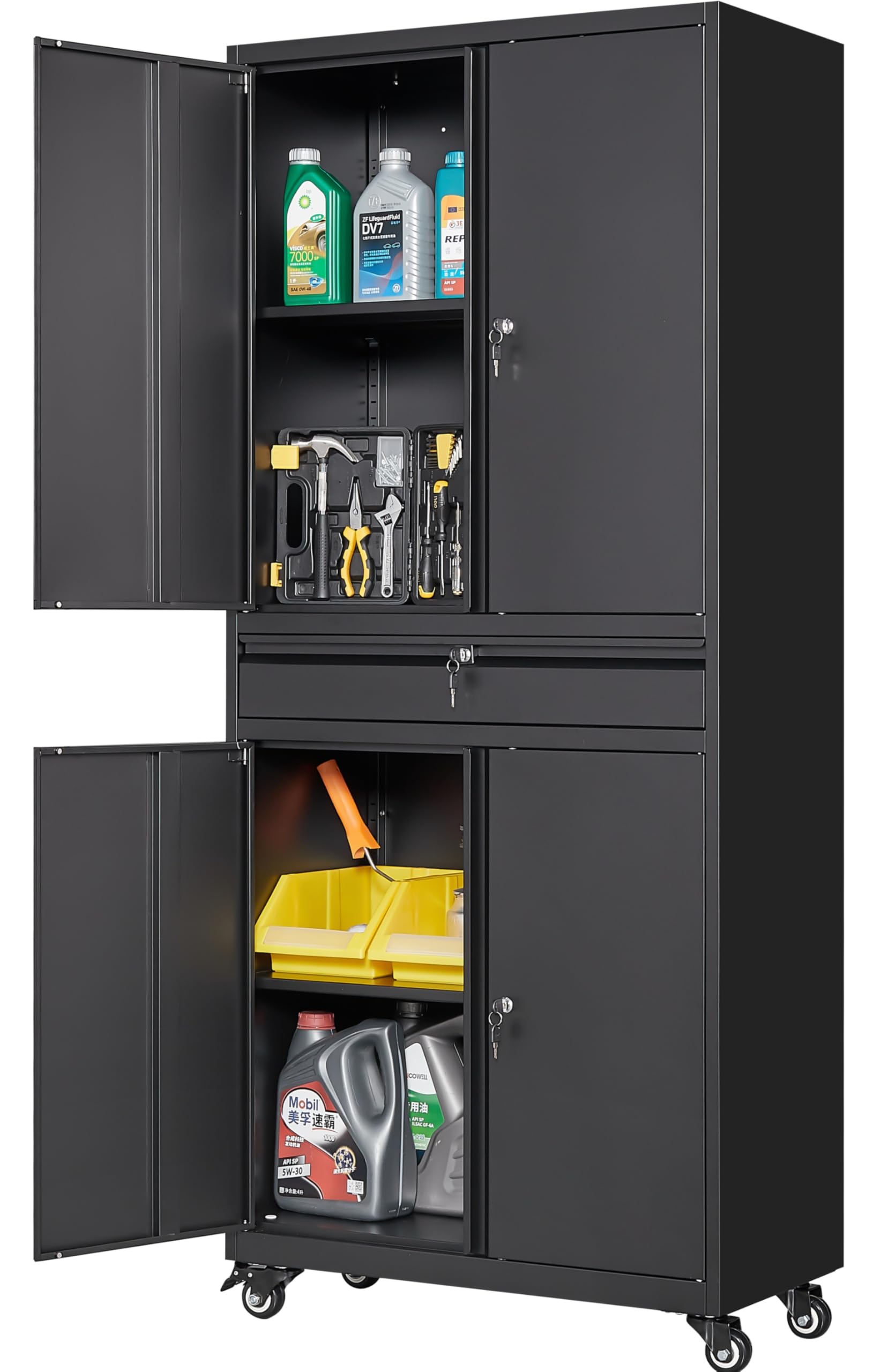 SISESOL Metal Storage Cabinet with Wheels,75 inch Tall Rolling Garage Storage Cabinet with Lock,Black Metal Cabinets with Wheels and Shelves,Deep Heavy Duty Tool Locker for Garage,Home,Office,Shop