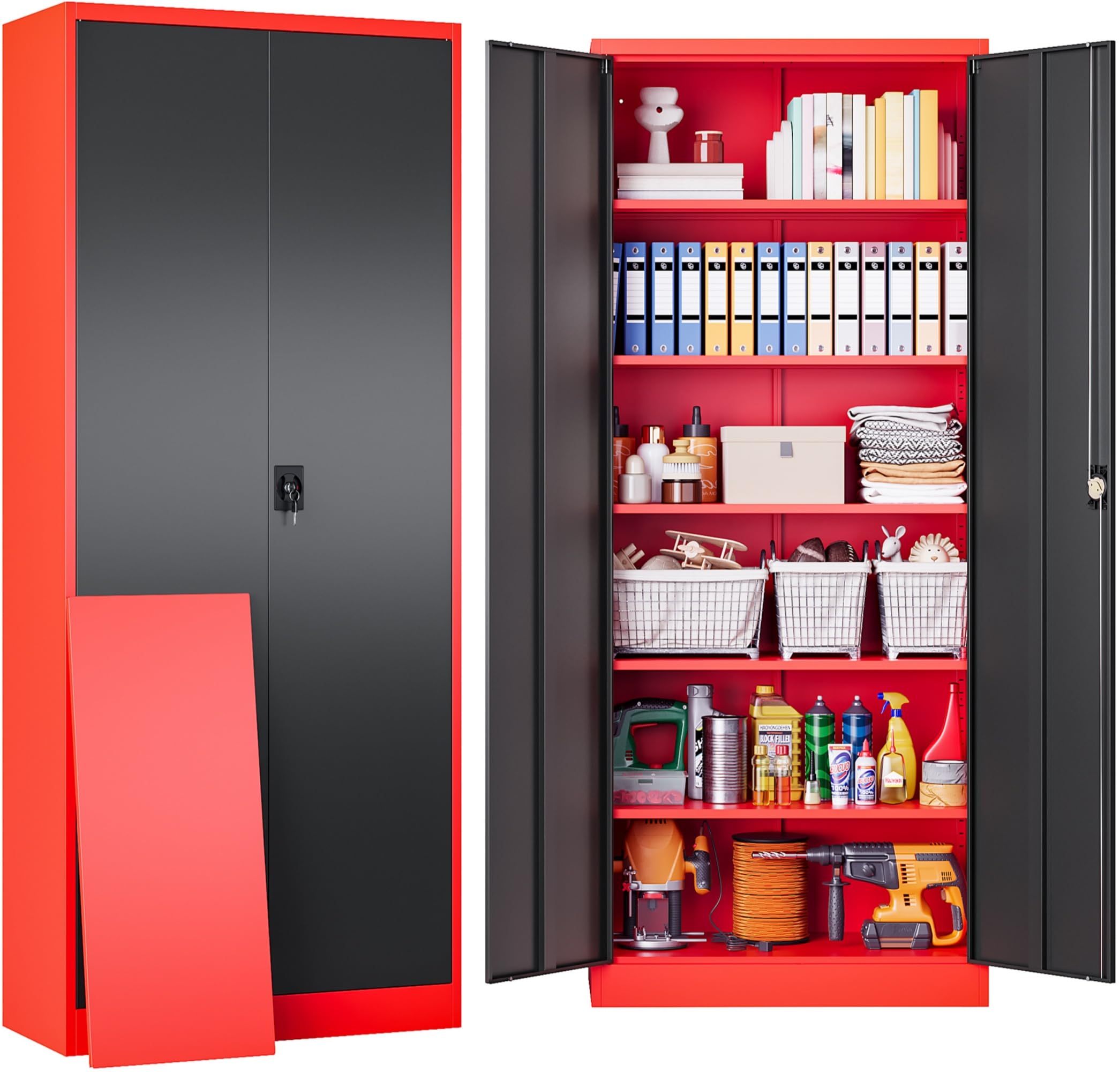 SISESOL Metal Storage Cabinet with Wheels,75 inch Tall Rolling Garage Storage Cabinet with Lock,Black Metal Cabinets with Wheels and Shelves,Deep Heavy Duty Tool Locker for Garage,Home,Office,Shop
