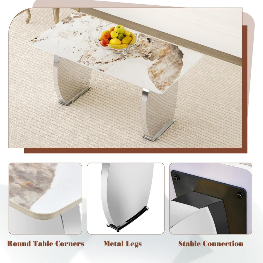 Table and chair set, 63*31.4 Inch Pandora Patterned Sintered Stone Dining Table Set Modern Light Luxury.Perfect For Dinner Room,Meeting Room,Kitchen (Black+Silver + Metal + Sintered Stone + Seats 6)