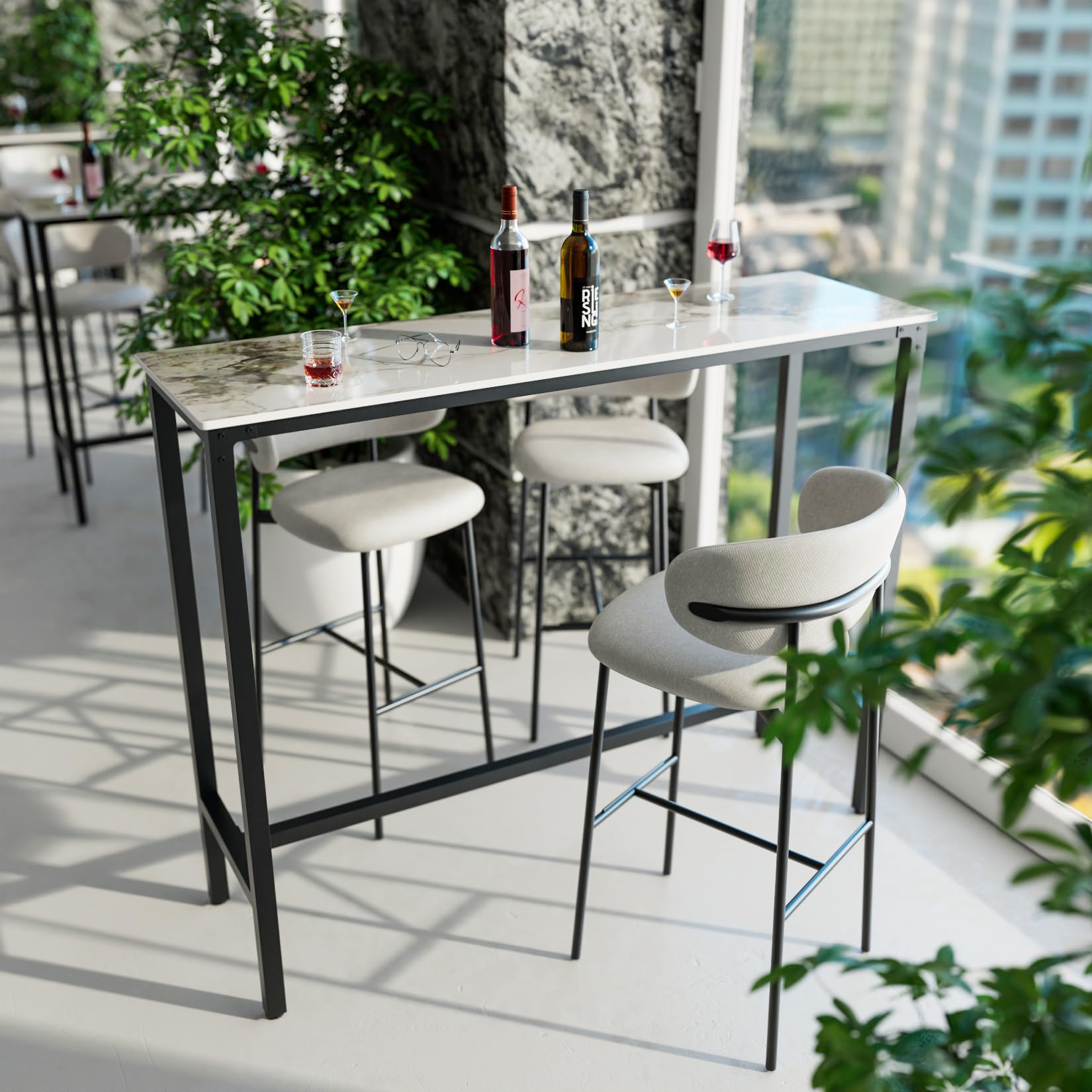 Wisfor Sintered Stone Bar Table: White Square High Top Pub Tables with Black Metal Frame - Small Breakfast Dining Table - Tall Coffee Table with Cross -Legs, 27.56x27.56x41.34 inch