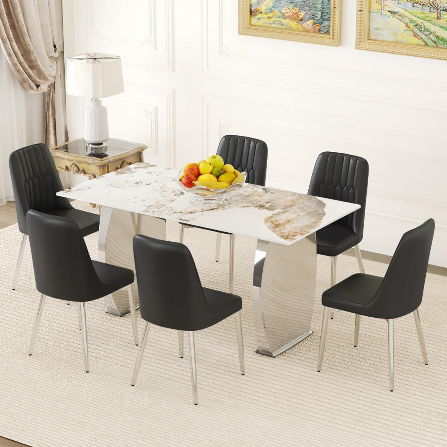 Table and chair set, 63*31.4 Inch Pandora Patterned Sintered Stone Dining Table Set Modern Light Luxury.Perfect For Dinner Room,Meeting Room,Kitchen (Black+Silver + Metal + Sintered Stone + Seats 6)