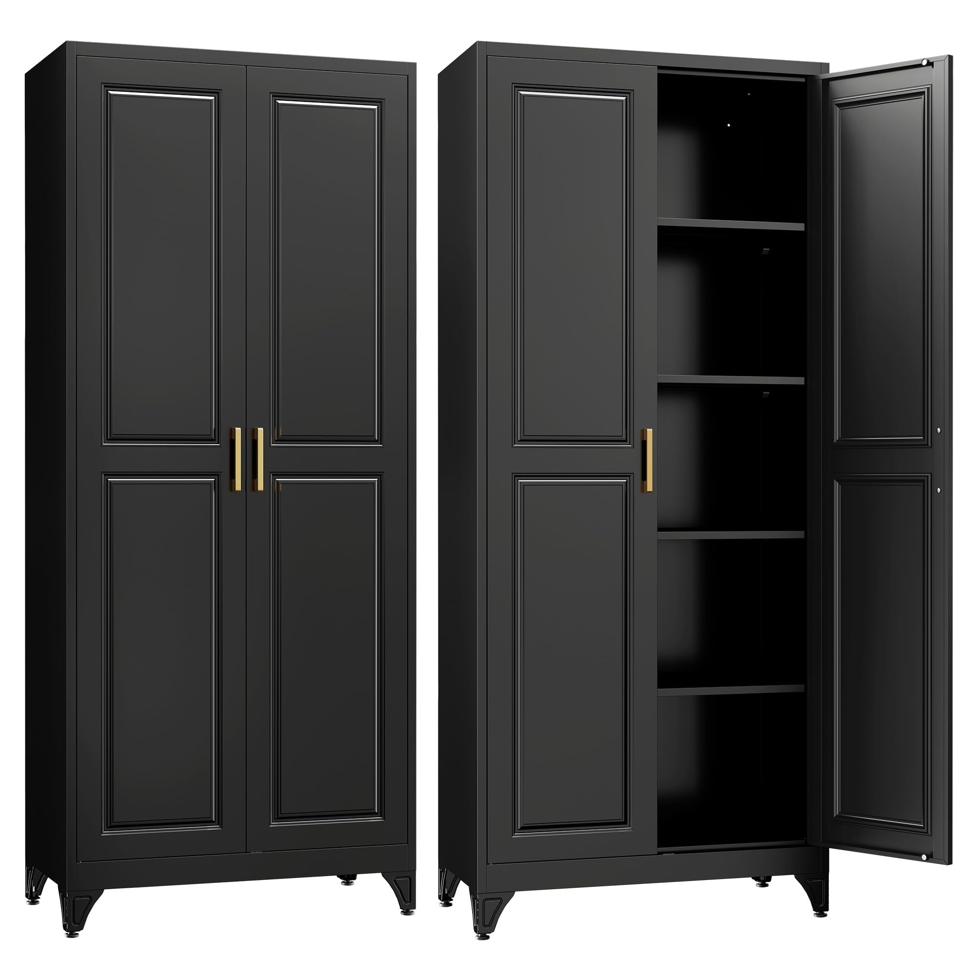 Kitchen Pantry Cabinet,71”Black Metal Pantry Storage Cabinet with Doors and 4 Adjustable Shelves,Kitchen Cabinet with 2 Gold Handles,Tall Cabinet for Livingroom,Pantry, Bathroom