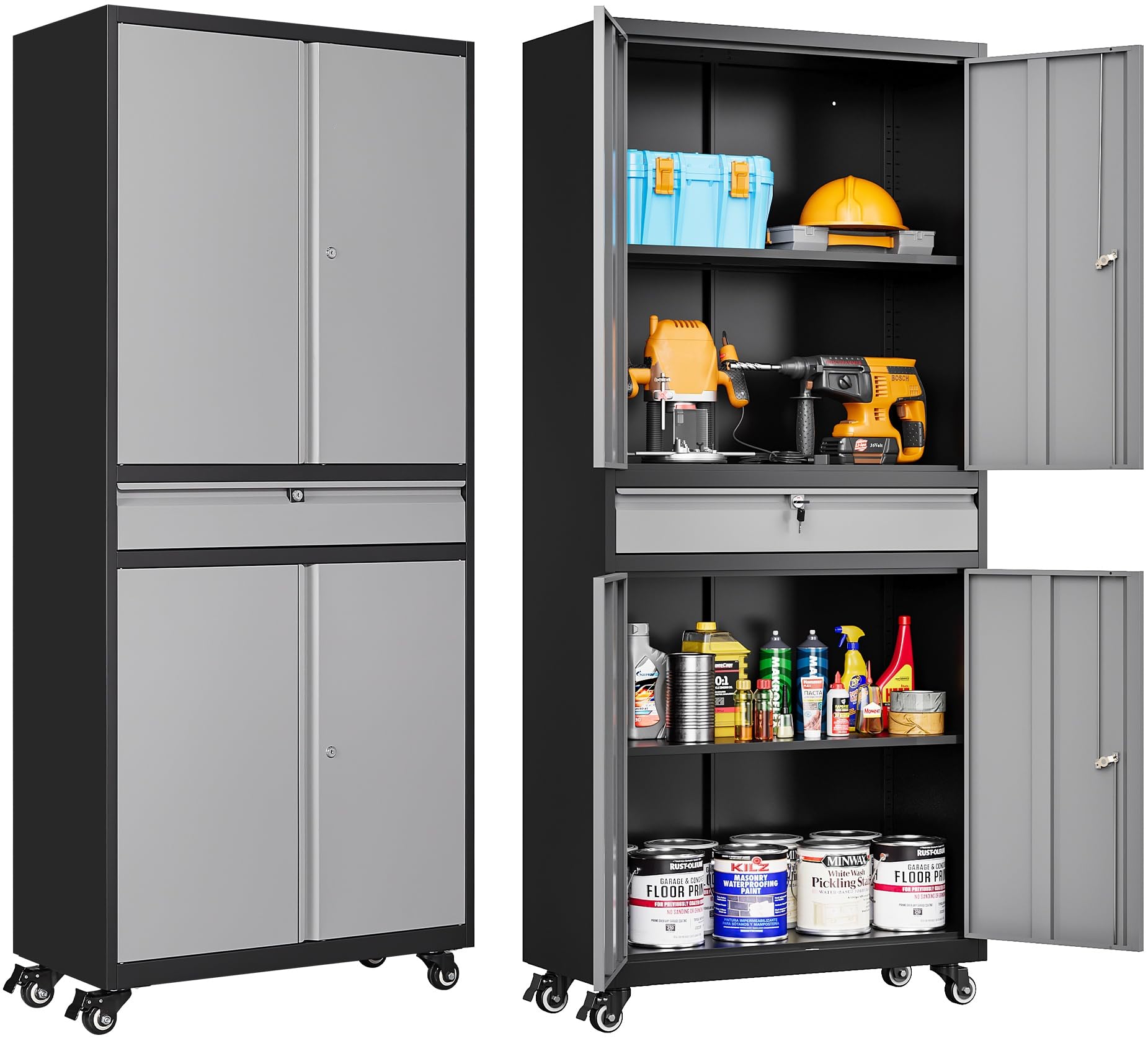 SISESOL Metal Storage Cabinet with Wheels,75 inch Tall Rolling Garage Storage Cabinet with Lock,Black Metal Cabinets with Wheels and Shelves,Deep Heavy Duty Tool Locker for Garage,Home,Office,Shop