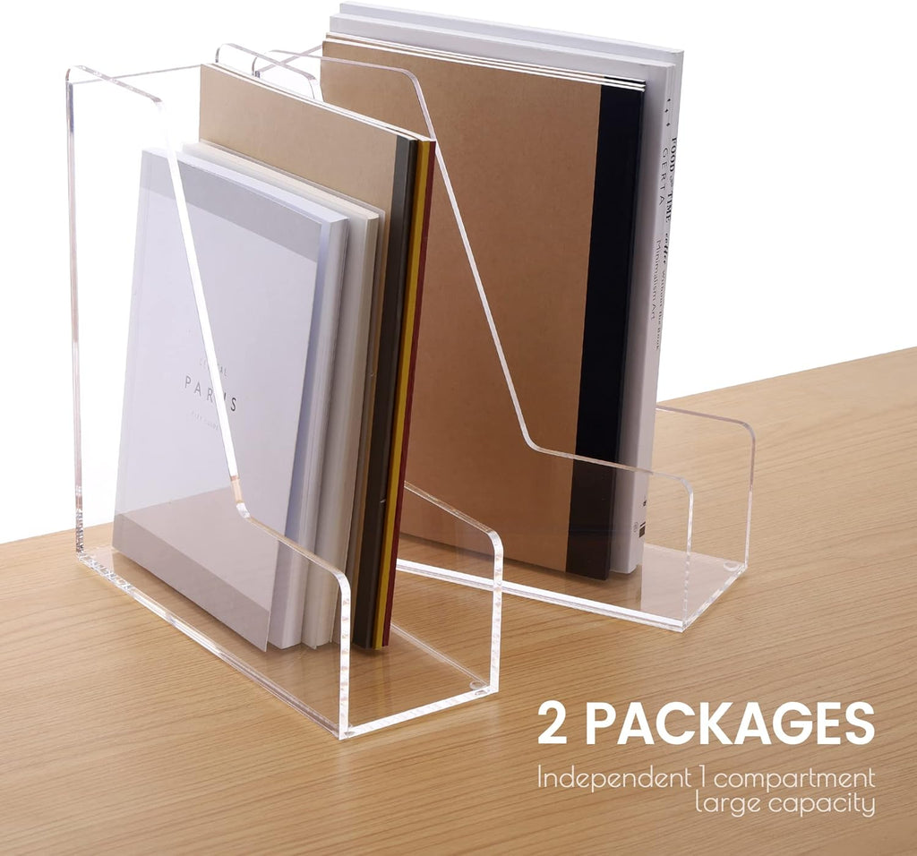 HeZone Magazine Holder, Clear Acrylic Desk Organizers, File Organizer for Desk, Magazine Rack- Desktop Book Storage -Independent Vertical 1 Space-2 Pack
