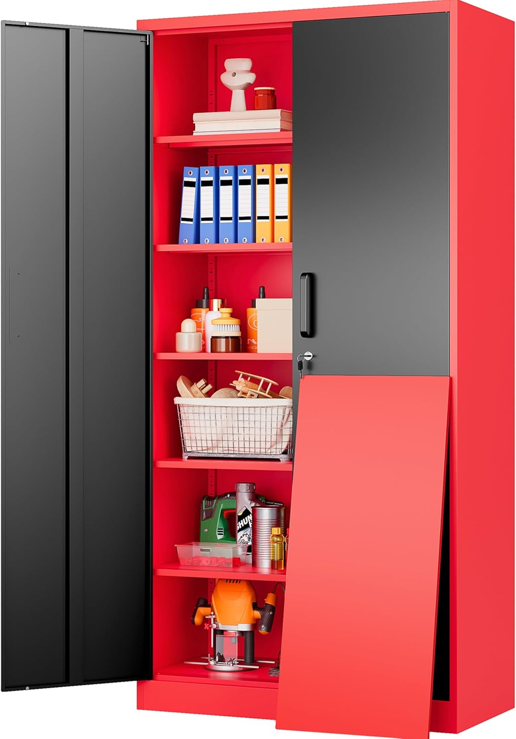 SISESOL Metal Storage Cabinet with 2 Doors and 6 Shelves,Black Metal Cabinet with Lock,71" Lockable Garage Storage Cabinets,Locking File Cabinet,Steel Tool Cabinets for Home,Office,Garage,Shop,School
