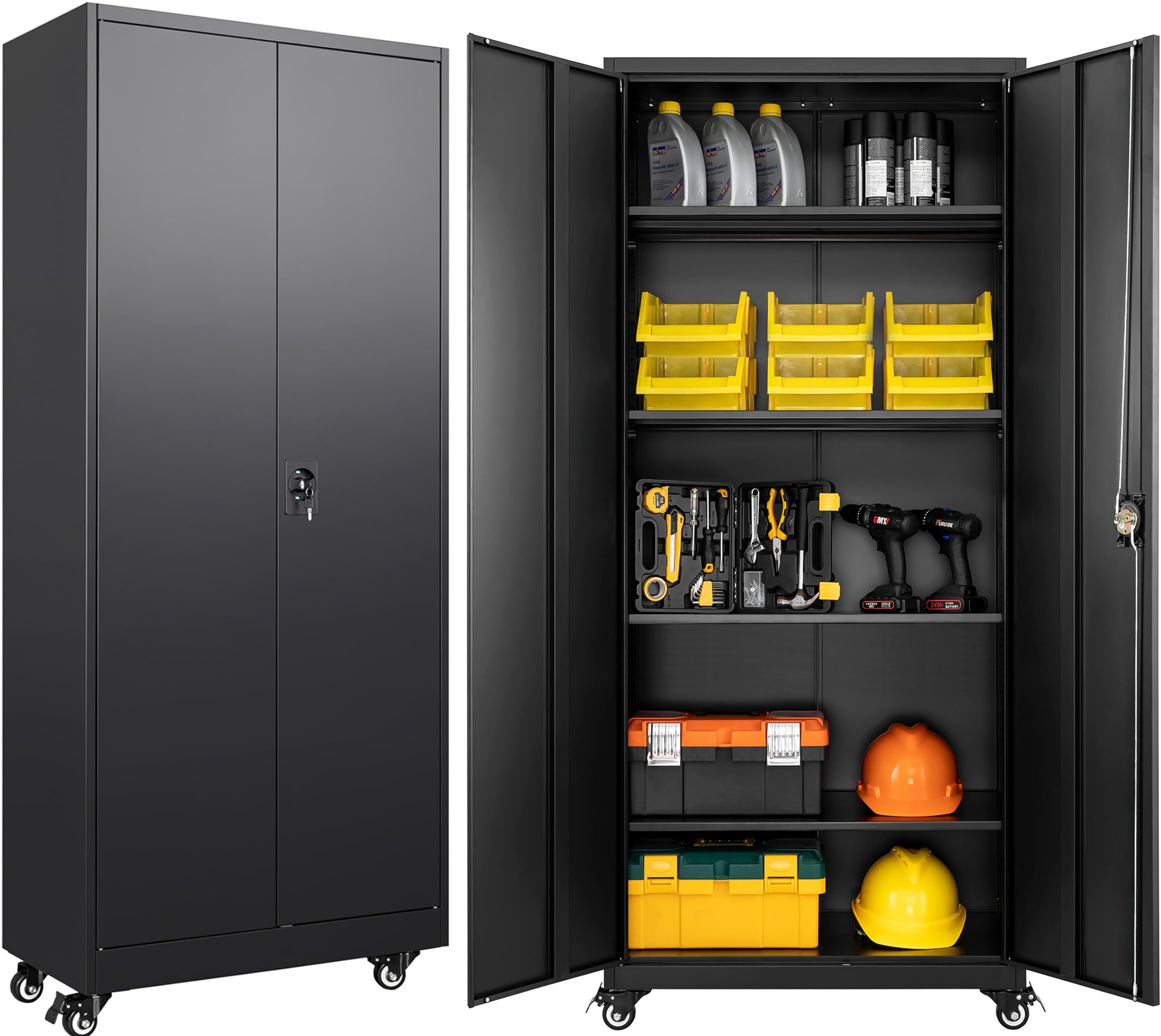SISESOL Metal Storage Cabinet with Wheels,75 inch Tall Rolling Garage Storage Cabinet with Lock,Black Metal Cabinets with Wheels and Shelves,Deep Heavy Duty Tool Locker for Garage,Home,Office,Shop